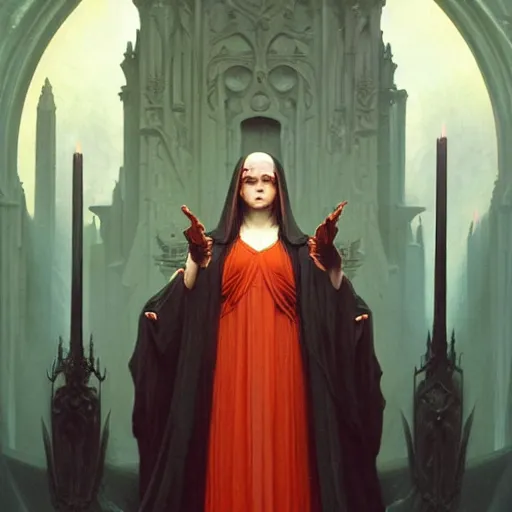 Prompt: The High Priestess of the Dark Arts standing at the Altar of the Black Mass, fullbody, artstation, dark fantasy, concept art, smooth, sharp focus, illustration, art by greg rutkowski and orientalism and bouguereau and Zdzislaw Beksinski, good clear quality, lighting, biology, symmetrical artwork, perfect face, 135 mm, cinematic, hyper realism, high detail, octane render, 8k, chrome accents