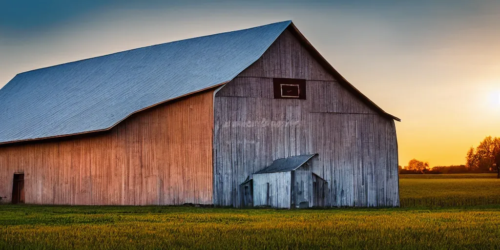 Image similar to an amish barn raising in the middle of futuristic megalopolis, golden hour, surrealistic