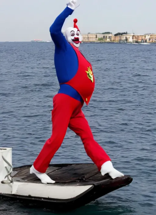 Image similar to 8 0 mm vladamir putin dressed as a clown falling off a boat 4 k, full body,