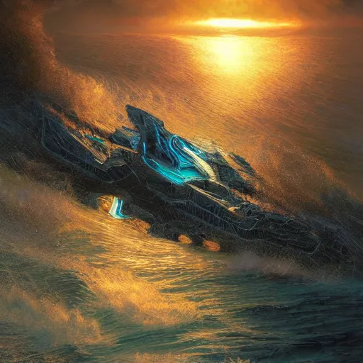 Prompt: illuminated tron wings in front sunset, cliffside ocean scene, backlit, diffuse lighting, hyper realistic, elegant, intricate, hyper detailed, smooth, sharp focus, concept art, illustration, trending on artstation, art by artem demura, greg rutkowski, james gurney, and alphonse mucha