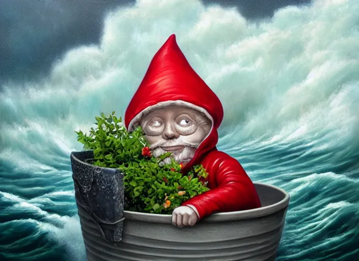 Image similar to a terrified garden gnome sailing in a bucket, background of raging ocean on a stormy day with dramatic clouds, an ultrafine detailed painting by mark ryden, trending on deviantart, pop surrealism, whimsical, lowbrow, rainy, perfect symmetrical face