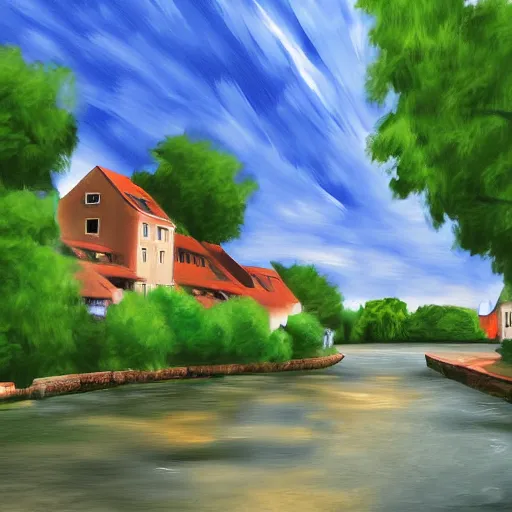 Image similar to digital art painting of a river running through a european town, very mediocre, not detailed at all.