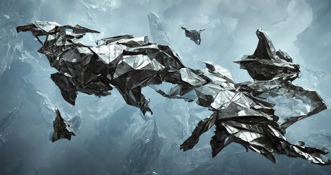 Image similar to flying enigmatic creature wearing military grade low-poly carbon plate, water-cooled armor, glistening, sleek finish, elaborate detail, dual-core hydraulic units, bullet-proof, floating island backdrop, 4k, high quality photo, 33mm