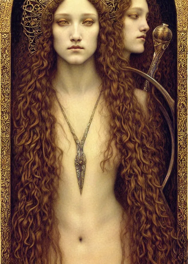 Image similar to detailed realistic beautiful young medieval queen face portrait by jean delville, gustave dore and marco mazzoni, art nouveau, symbolist, visionary, gothic, pre - raphaelite. horizontal symmetry