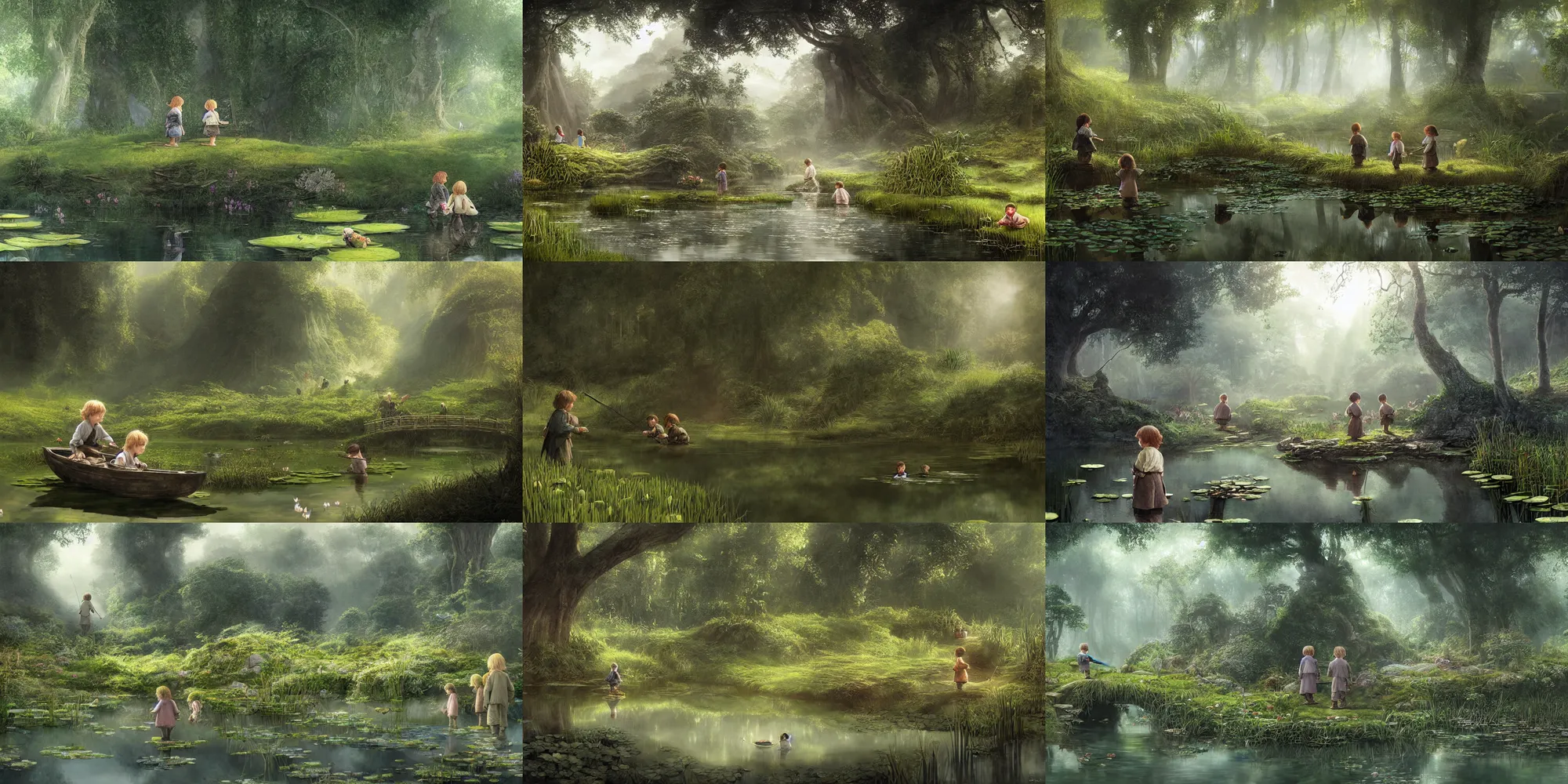 Prompt: two hobbit children fishing trip to a mirror - like pond covered with lotus flowers, by alan lee, dark foggy forest background, sunlight filtering through the trees, digital art, art station.