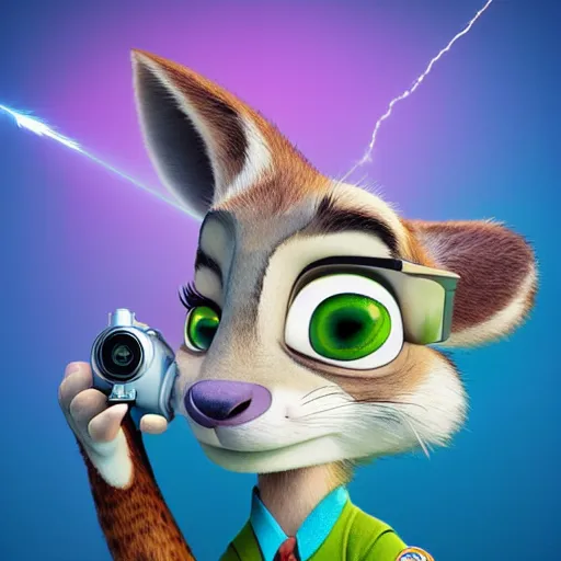 Image similar to “portrait of a cartoon animal, zootopia movie style, pointing a laser gun at the camera, digital art, 4k, award winning”