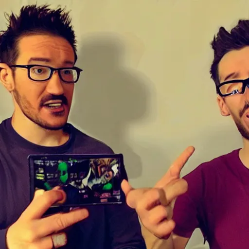 Prompt: “ markiplier and jacksepticeye playing a horror game together on camera ”