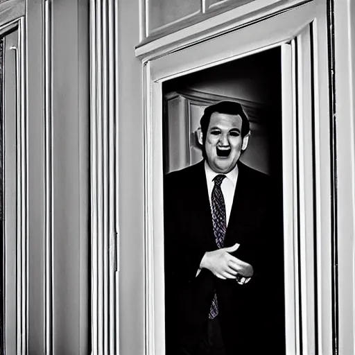 Image similar to Ted Cruz with a wide grin peaking through a door, black and white, creepy lighting, scary, horror, ornate, eerie, fear