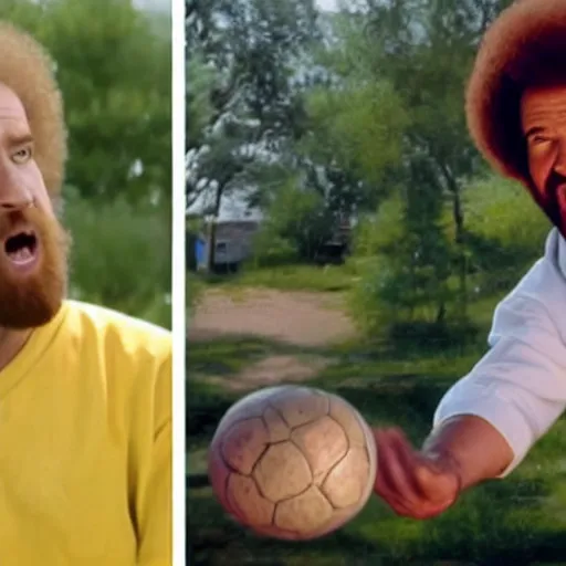 Prompt: screaming bob ross throwing a ball to jessie pinkman