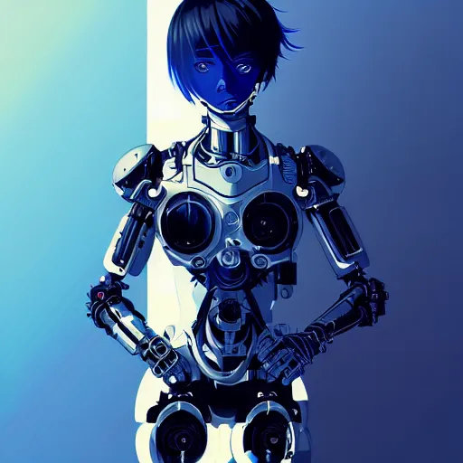 Image similar to cyborg - girl, highly detailed biomechanics, painting, dark blue and black color palette, intricate, high quality anime artstyle, in the style of ilya kuvshinov