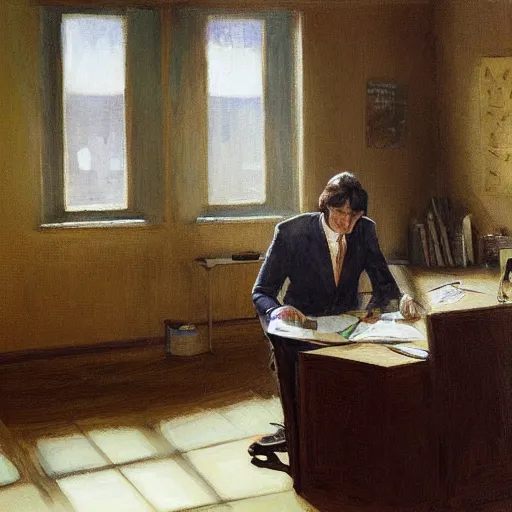 Image similar to scene at office with an handsome man of 3 9 years old, green eyes, light brown, good looking, wide round nose, mid long hair, in an office by david rutkowski, by artgem