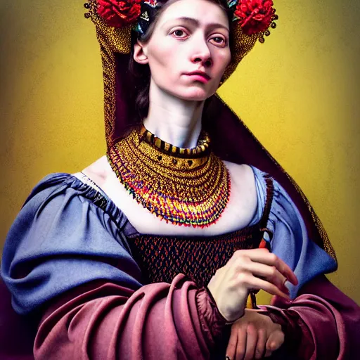 Image similar to Colour Caravaggio style Photography of Highly detailed beautiful Woman with 1000 years perfect face and wearing detailed Ukrainian folk costume designed by Taras Shevchenko also wearing highly detailed retrofuturistic sci-fi Tiara designed by Josan Gonzalez. Many details In style of Josan Gonzalez and Mike Winkelmann and andgreg rutkowski and alphonse muchaand and Caspar David Friedrich and Stephen Hickman and James Gurney and Hiromasa Ogura. Rendered in Blender and Octane Render volumetric natural light