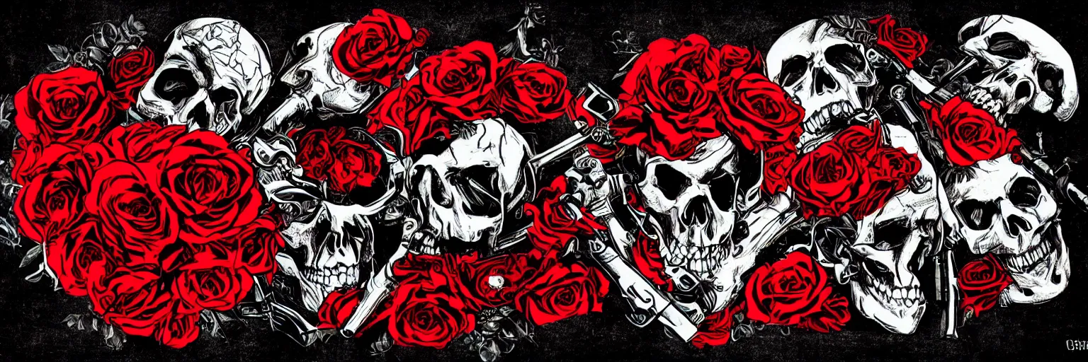 Prompt: a badass guns and roses digital art wallpaper on a black background, crimson highlights, skull and crossbones, red roses, intricate illustration