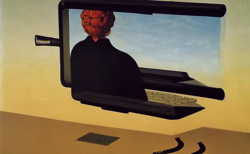 Prompt: a painting of an old woman walking across the keyboard of a giant laptop, surreal, by rene magritte, high quality, smooth