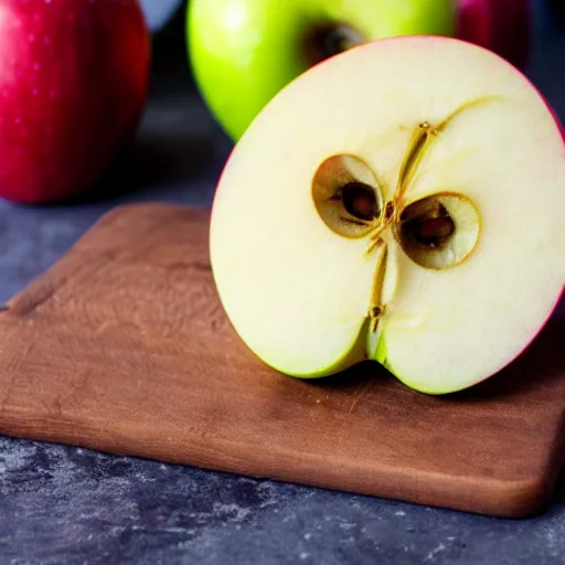 Image similar to close up image of a apple slice with bokeh bacground of cutting board and apple