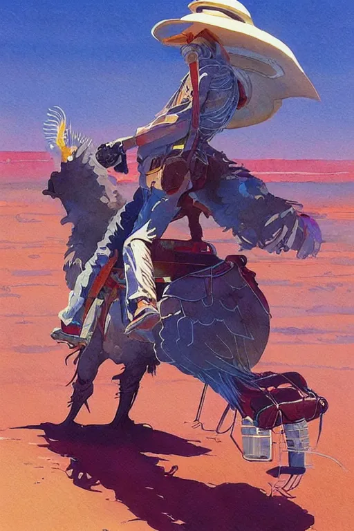 Image similar to scifi cowboy sitting on giant emu bird with backpack, science fiction, art by jean giraud, moebius, juan gimenez, greg manchess, in watercolor gouache detailed paintings, in style of syd mead, colorful comics style, artstation