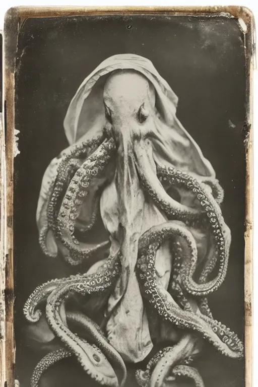 Image similar to a wet plate photo of an anthropomorphic octopus as pope