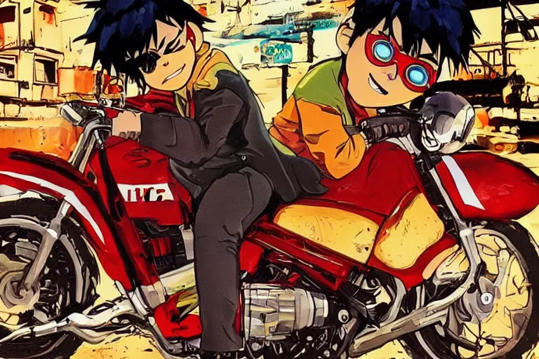 Prompt: pizza, akira's motorcycle, gorillaz, poster, high quality