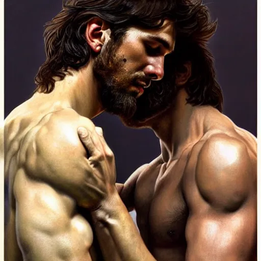 Image similar to very very very epic portrait of the greek man patroclus and his friend achilles, soft hair, muscular, half body, leather, hairy, d & d, fantasy, intricate, elegant, highly detailed, digital painting, artstation, concept art, smooth, sharp focus, illustration, art by artgerm and greg rutkowski and alphonse mucha