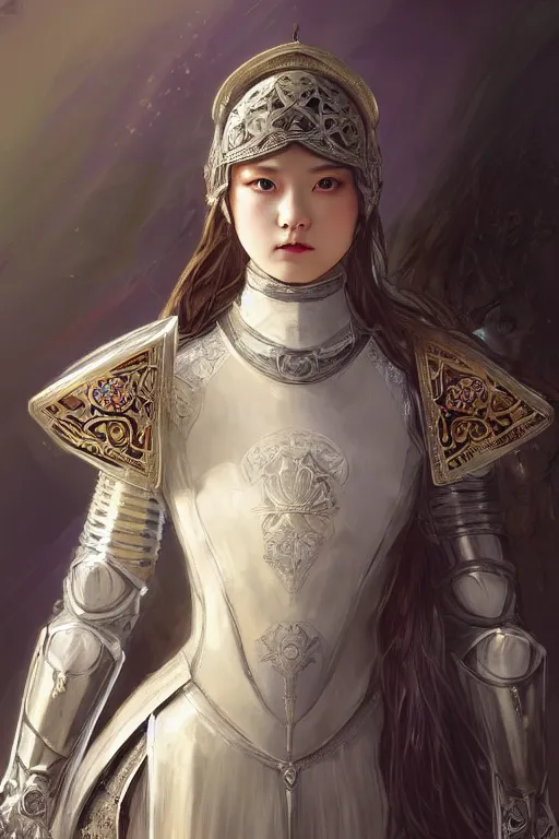 Image similar to beautiful and victorian and holy and divine and elite young medieval female white armor knight portrait like twice tzuyu+shinny eyes+front face with light flowing hair, ultradetail face, art and illustration by tian zi and craig mullins and WLOP and alphonse mucha, fantasy, intricate complexity, human structure, human anatomy, fantasy character concept, watermark, blurry, hyperrealism 8k