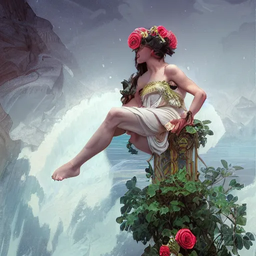 Image similar to man suspended over water, roses everywhere, highly detailed, digital painting, artstation, concept art, smooth, sharp focus, illustration, art by artgerm and greg rutkowski and alphonse mucha