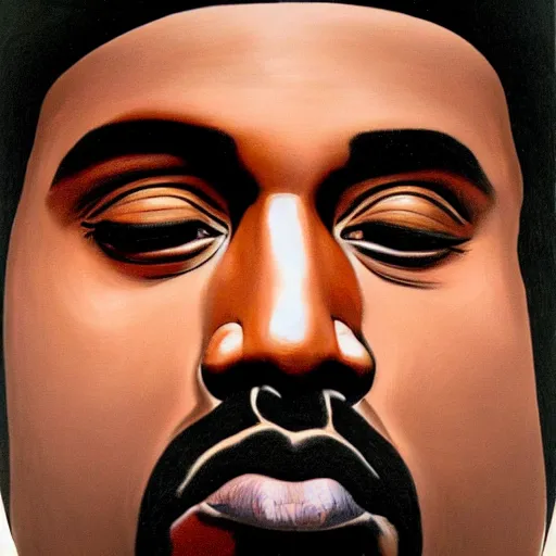 Prompt: very detailed portrait of kanye west's face. extreme close - up. painted by rene magritte, 1 9 2 7. oil on canvas.