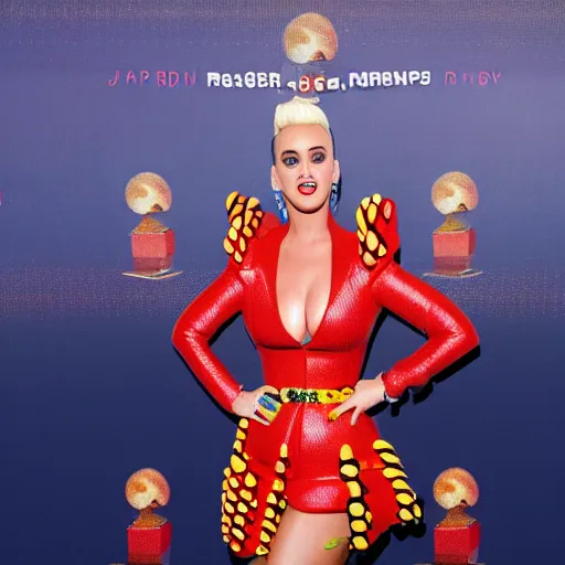 Image similar to katy perry in burger dress. red carpet photograph, paparazzi, octane render, 4 k