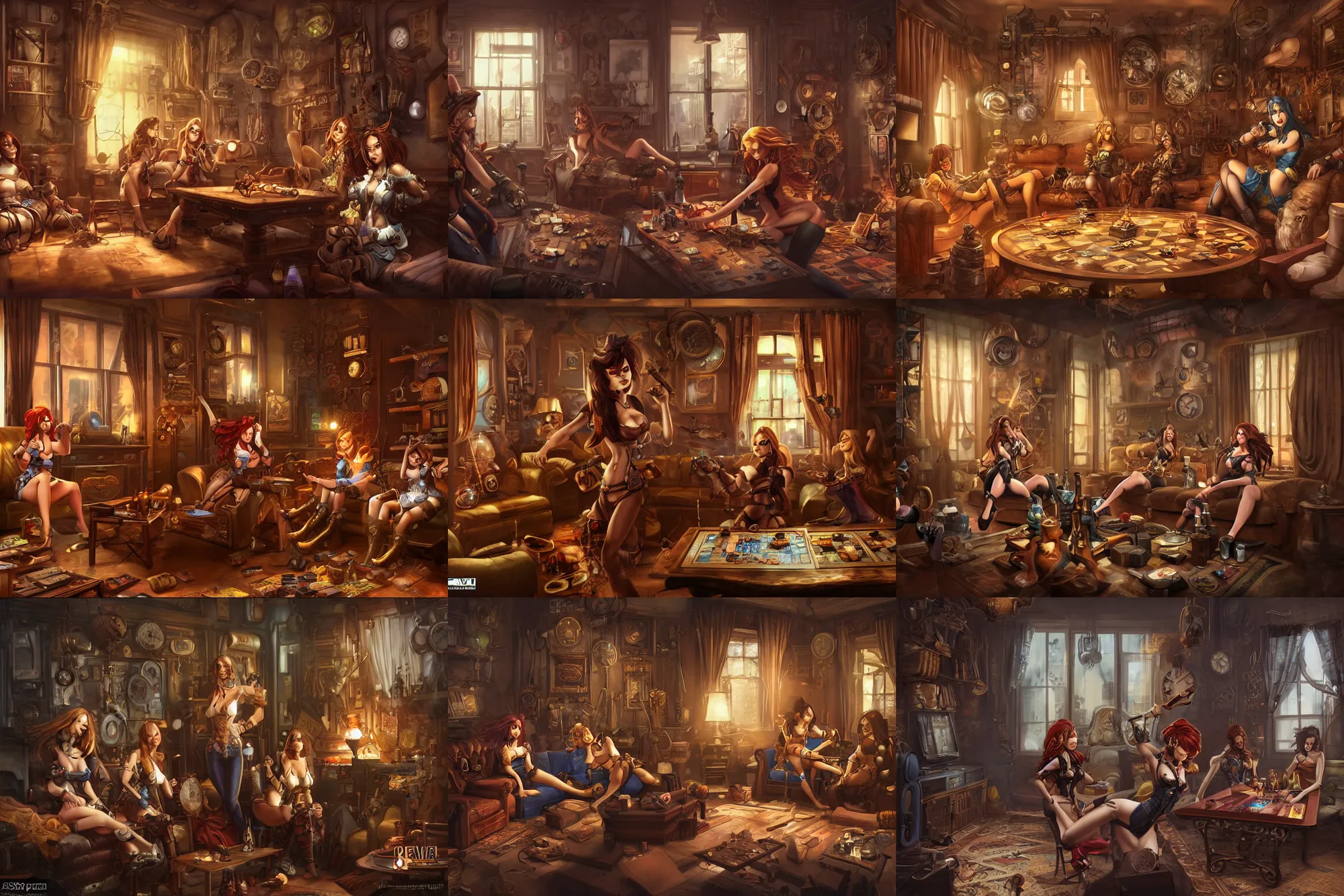 Prompt: women in the interior of a steampunk apartment, by Joe Madureira, 3d scene, render, night time, smoking cigarettes, playing board games, artstation, cgsociety, unreal engine, 3d scene, zenith view
