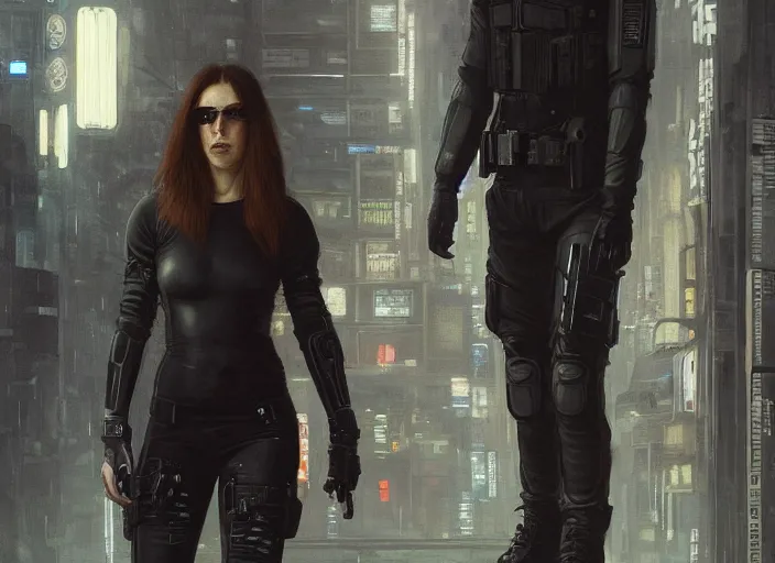 Image similar to Maria evades sgt Nash. Cyberpunk hacker wearing stealth suit hiding from police patrol (blade runner 2049, cyberpunk 2077). beautiful face. Orientalist portrait by john william waterhouse and James Gurney and Theodore Ralli and Nasreddine Dinet, oil on canvas. Cinematic, hyper realism, realistic proportions, dramatic lighting, high detail 4k