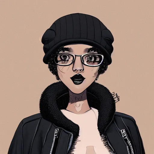 Image similar to illustration of a mixed woman with a septum piercing, short curly hair, winged eyeliner, black beanie, black bomber jacket, goth aesthetic, trending on artstation