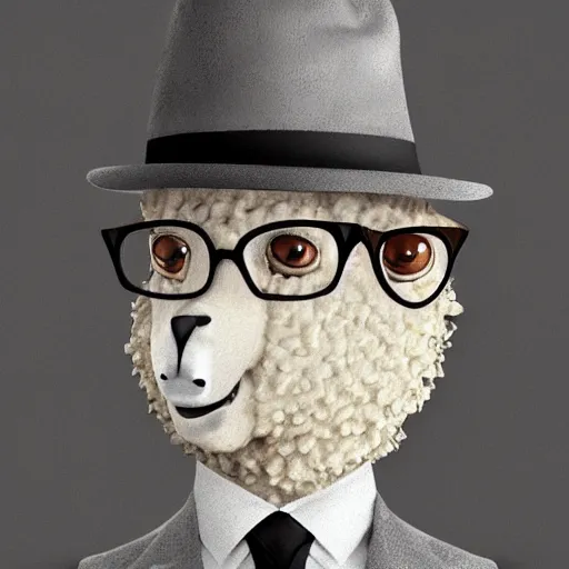 Prompt: a portrait of a male sheep, a gentleman, sheep wearing a suit, a glasses, hold a hat, artstation
