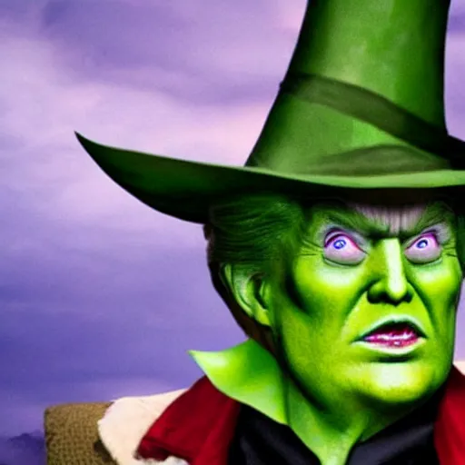 Image similar to wicked witch of the west that looks like trump with green skin, real movie still, photo quality