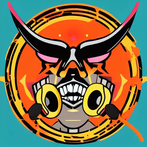 Image similar to svg vector sticker of, demon painting, rocking out, wearing headphones, huge speakers, dancing, rave, DJ, spinning records, digital art, amazing composition, rule-of-thirds, award-winning, trending on artstation, featured on deviantart