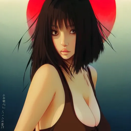 Image similar to a beautiful plus sized model japanese natalie portman, alluring plus sized model with brown skin, wearing mayan leotard with overalls, street fashion hip hop style with mayan patterns, aztec street fashion, gapmoe yandere grimdark, trending on pixiv fanbox, painted by greg rutkowski makoto shinkai takashi takeuchi studio ghibli, akihiko yoshida