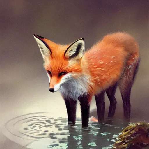 Prompt: a portrait of a cute fox drinking from a pond, by stanley lau and greg rutkowski
