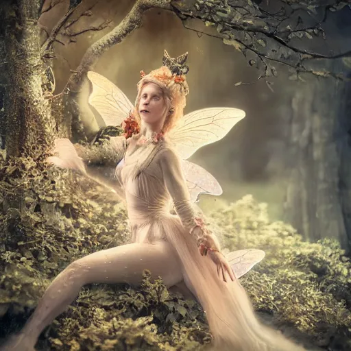 Prompt: full body pose, hyperrealistic vintage photograph of a adult fairy woman, dim volumetric lighting, 8 k, octane beautifully detailed render, extremely hyper detailed, intricate, epic composition, cinematic lighting, masterpiece, trending on artstation, very very detailed, stunning, hdr, smooth, sharp focus, high resolution, award, winning photo, dslr, 5 0 mm