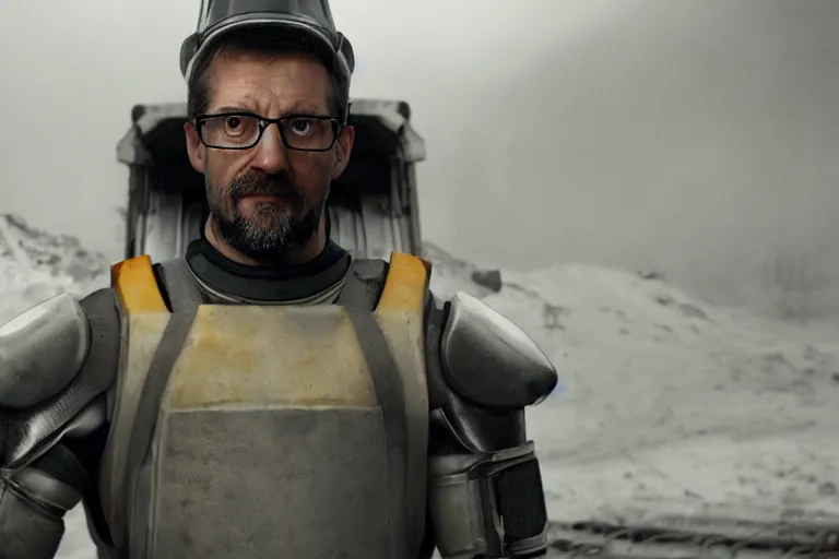 Image similar to vfx movie closeup real life gordon freeman holding wearing futuristic armor, half life logo on chest, crowbar in russian train yard by emmanuel lubezki