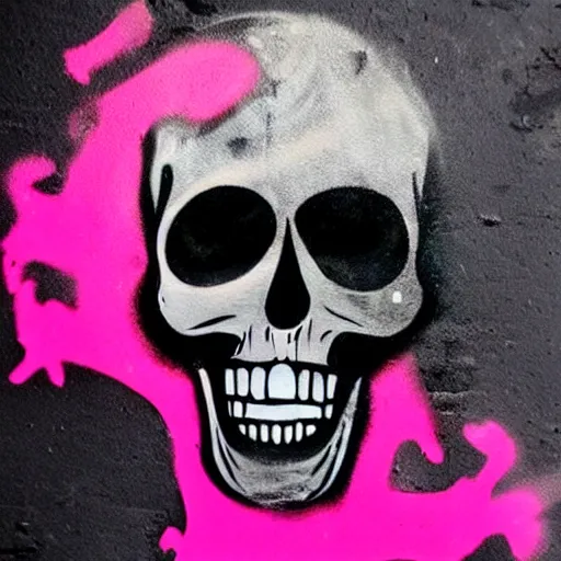 Image similar to a pink cartoon skull spray painted on a black background with dripping pink spray paint, three fourths view, graffiti, black background!!!!!