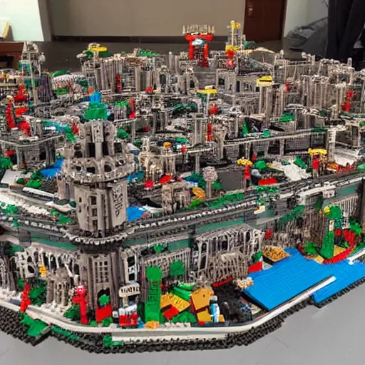 Prompt: a huge abandoned city build out of lego.