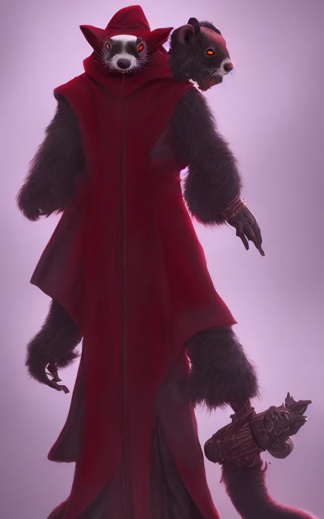 Image similar to a anthropomorphic ferret is a dark warlock dressed red robes, he's very menacing and evil, hyperdetailed, artstation, cgsociety, 8 k