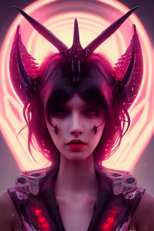 Image similar to portrait futuristic Devil Girl with horns and wings, in future cyberpunk tokyo rooftop , ssci-fi, fantasy, intricate, very very beautiful, elegant, human anatomy, neon light, highly detailed, digital painting, artstation, concept art, smooth, sharp focus, illustration, art by tian zi and WLOP and alphonse mucha