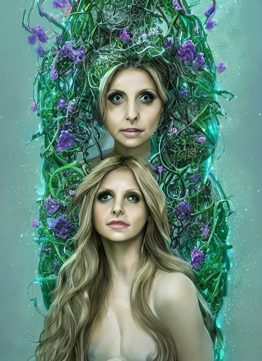 Image similar to portrait of Sarah Michelle Gellar as a everreaching Goddess of despair, a futuristic diety, inside future fighter, sci-fi, fantasy, intricate, lush garden spaceship with sakura season flowers, elegant, human anatomy, royal green and nature light, highly detailed, digital painting, artstation, concept art, smooth, sharp focus, illustration, art by tian zi and WLOP and alphonse mucha, masterpiece, 3d blender