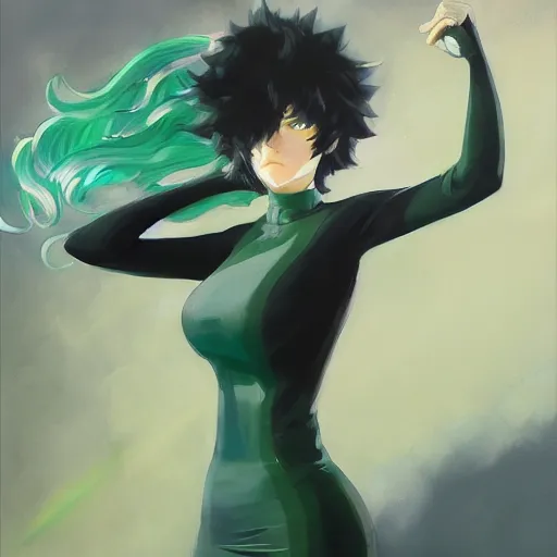 Image similar to painting of tatsumaki from one punch man, green hair, black dress, cool color palette, refreshing, soft lighting, by cushart krenz, by makoto shinkai