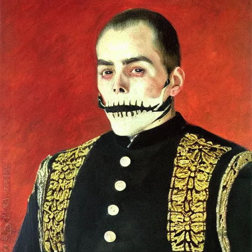 Prompt: A portrait of a skeleton in a Russian Tsar's uniform, painted by Valentin Alexandrovich Serov