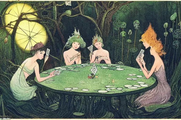 Prompt: a group of gracious fairies playing cards on a table in an atmospheric moonlit forest next to a beautiful pond filled with water lilies, artwork by ida rentoul outhwaite,