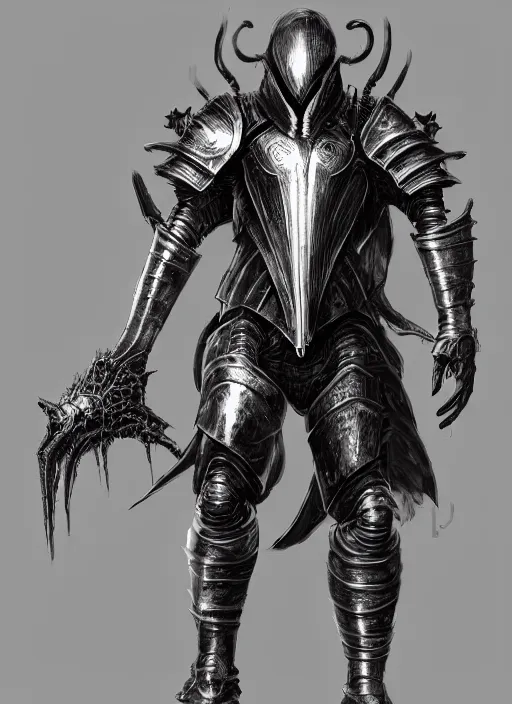 Image similar to a computer generated image of a man in armor, concept art by senior character artist, featured on polycount, antipodeans, sketchfab, unreal engine 5, artstation hd. hr giger, greg rutkowski and wayne barlowe as a diablo, resident evil, dark souls, bloodborne monster