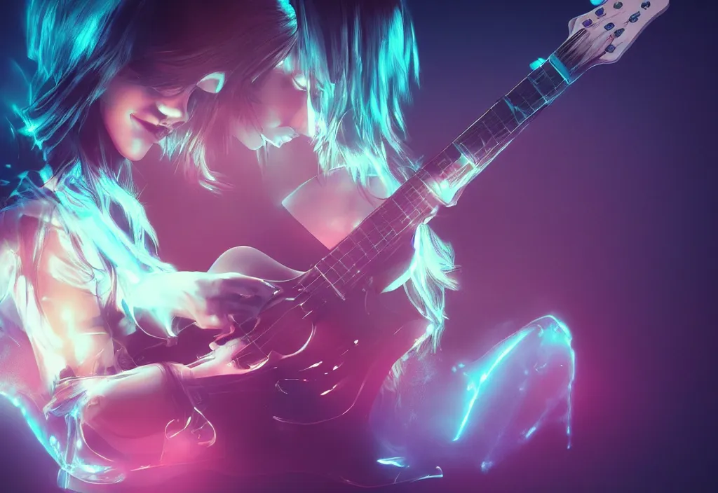 Prompt: women playing guitar, televisions, artstation, details, volumetric light, futuristic, pastel