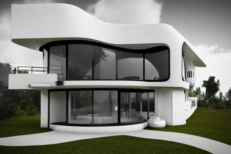 Image similar to photo of a futuristic house designed in the style of seppo mantyla, 4 k, realistic render