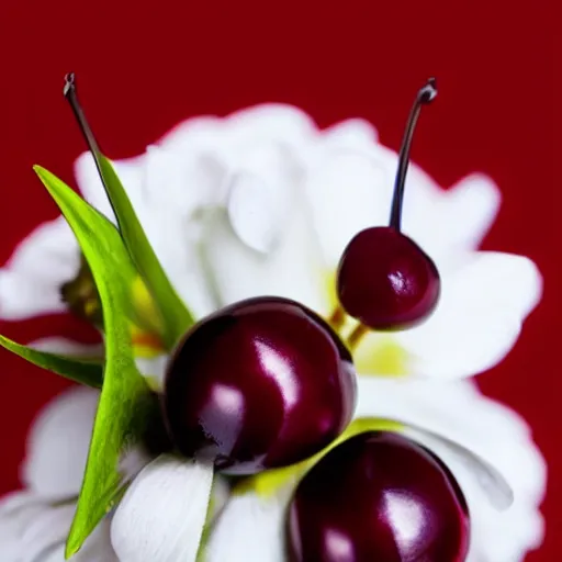 Prompt: perfume bottle and artistic dark red cherries and white flowers, realistic, up close shot, white background, zen, cool light, modern minimalist f 2 0