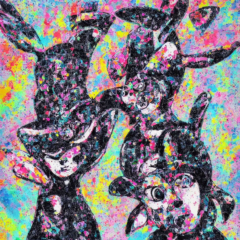 Image similar to person wearing bunny ear hat, abstract, jet set radio artwork, ryuta ueda artwork, cryptic, rips, spots, asymmetry, stipple, lines, glitches, color tearing, pitch bending, stripes, dark, ominous, eerie, hearts, minimal, points, technical, natsumi mukai artwrok, folds